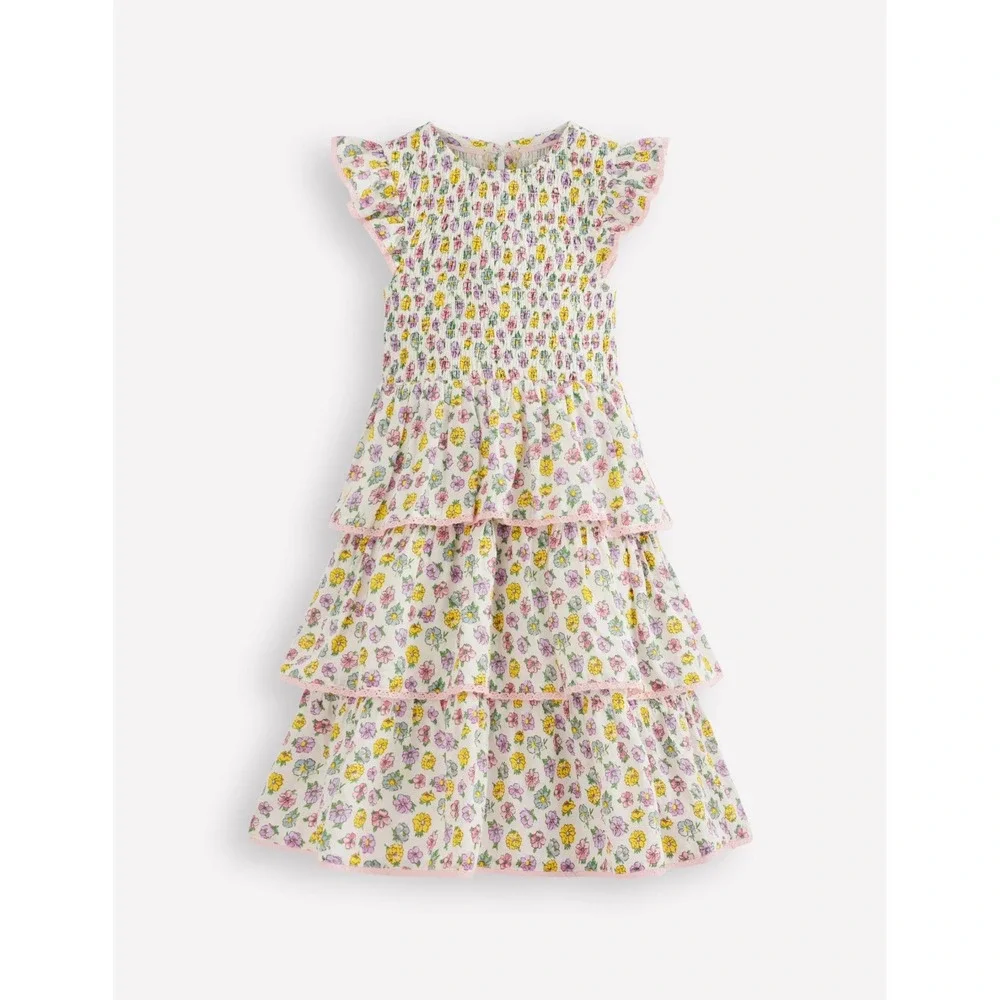 Mini Boden Girls Floral Smocked Tiered Lace Trim Dress White Pink 11-12Y NWT